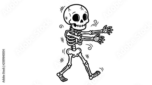 Cartoon skeleton character walking with arms outstretched and looking scared or cold.