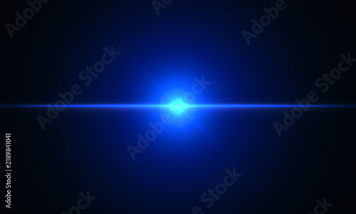 Фотография Minimal dark blue abstract background featuring an intense blue horizontal light flare across the center with a bright glowing point and subtle radial illumination