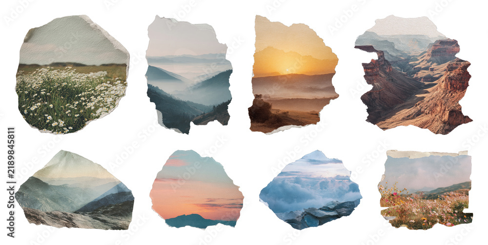 Obraz premium PNG Collage of scenic landscapes in torn paper style, transparent background