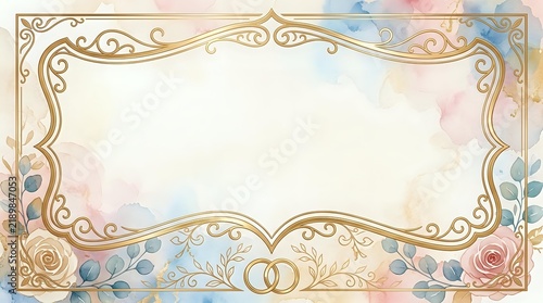 Ornate gold decorative frame with floral watercolor accents and scrollwork border