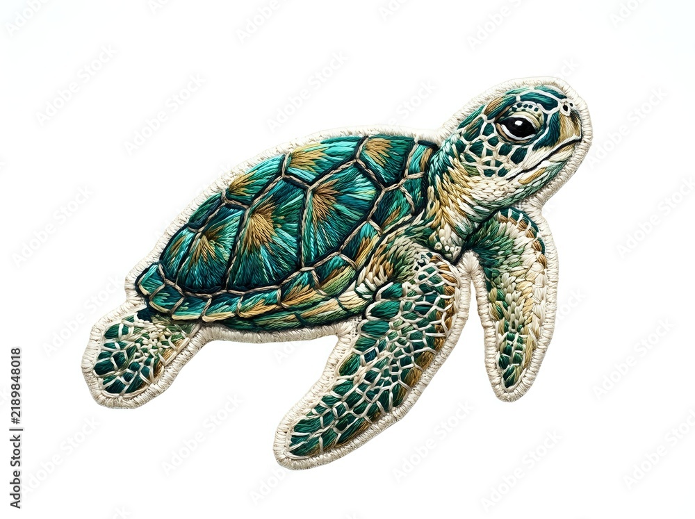 Fototapeta premium Sea turtle with turquoise and golden shell swimming, detailed illustration
