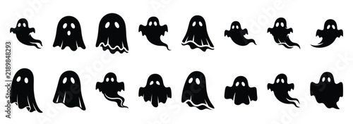 Collection of halloween floating ghost silhouette vector illustration icon set. Halloween collection silhouette celebration icons.