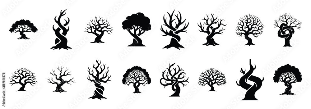 Fototapeta premium Collection of halloween twisted tree silhouette vector illustration icon set. Halloween collection silhouette celebration icons.