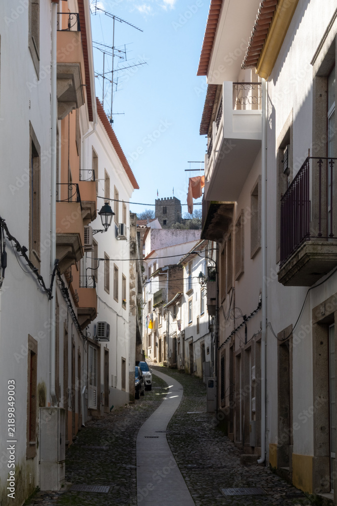 Fototapeta premium Narrow cobblestone street leading towards the ancient stone castle in Castelo Branco, a Portuguese city