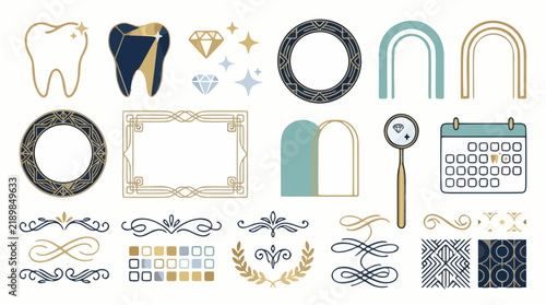 Elegant dental clinic vector design kit with luxury tooth icons, gold art deco frames, and decorative borders