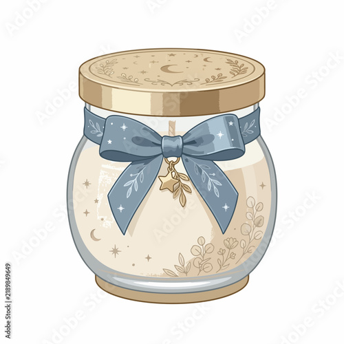 Cute baby shower candle gift glass jar with blue ribbon and celestial boho floral elements vector illustration