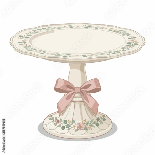 Elegant vintage cake stand with floral decoration and pink bow vector illustration, baby shower dessert table element
