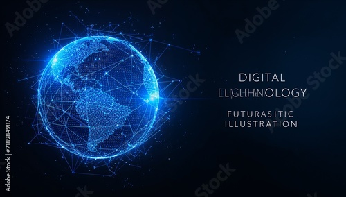 Digital world globe with glowing network connections, orbital lines and illuminated dots positioned left on dark blue background with copy space. Futuristic global communication concept. Vector