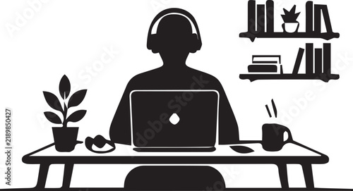 Silhouette of Professional Working on Laptop with Headphones at Home Office Desk Featuring Bookshelf and Plant
