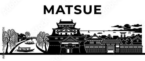Matsue Japan City Skyline Silhouette Stencil Vector Illustration Featuring Matsue Castle, Horikawa River Boats and Lake Shinji Scenery