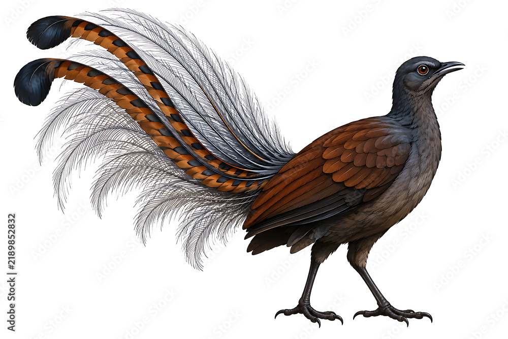 Fototapeta premium Superb lyrebird with iconic long tail feathers on white background