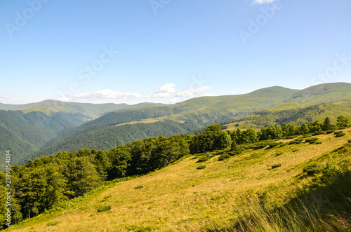 Fotografie Expansive panoramic view of a sunlit mountain meadow overlooking rolling green hills and dense forested valleys under a bright blue sky with scattered clouds