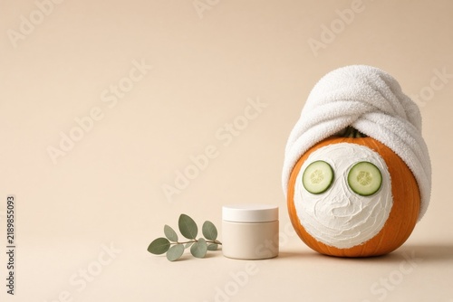 Pumpkin spa facial treatment with cucumber slices, cream mask, towel and skincare jar on a warm beige background with generous copy space.