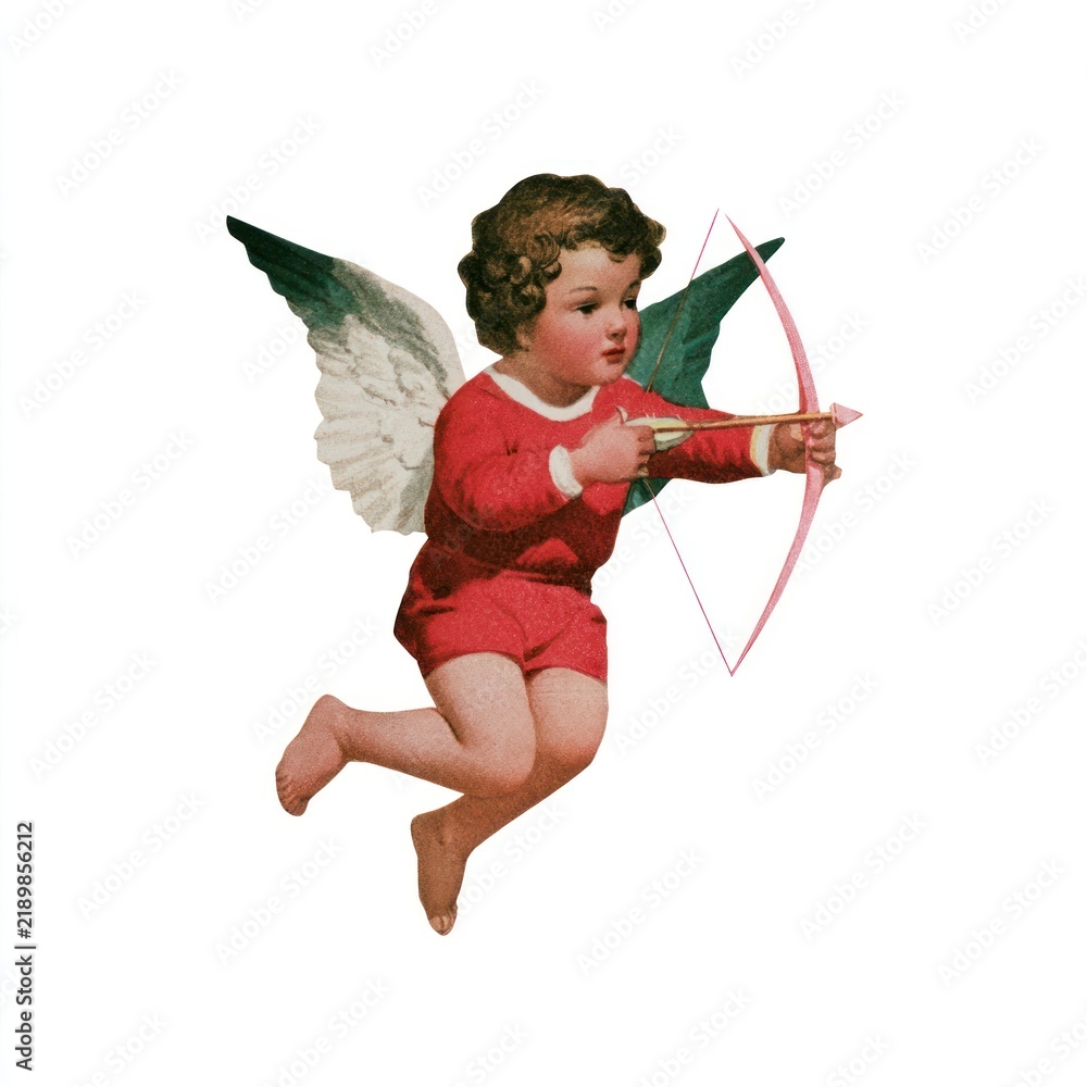 Fototapeta premium Vintage cherub with bow and arrow on white background.