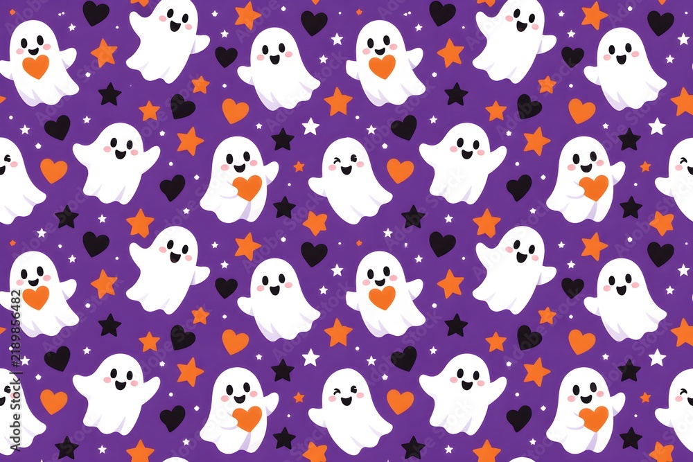 Fototapeta premium Cute Halloween Ghost Seamless Pattern with Hearts and Stars on Purple Background. 