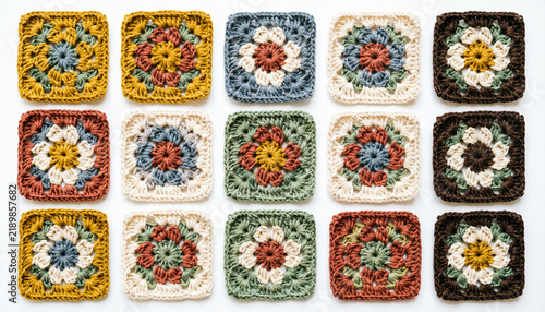Vintage crochet granny squares set, 15 colorful floral yarn patches, handmade wool textile collection for craft projects
