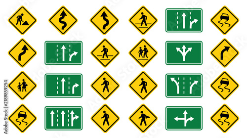 Collection of yellow and green road safety and directional signs