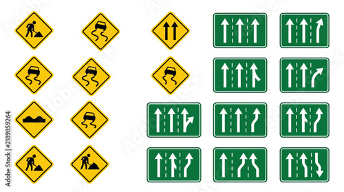 Collection of various yellow and green road traffic signs