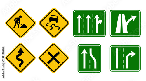 Set of Various Yellow Warning and Green Directional Traffic Signs