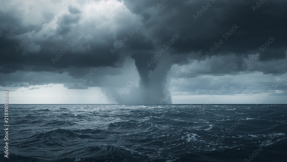 Fototapeta premium Powerful tornado waterspout forming over dark ocean under dramatic storm sky, extreme weather phenomenon with funnel cloud touching down on sea, natural disaster and severe storm background