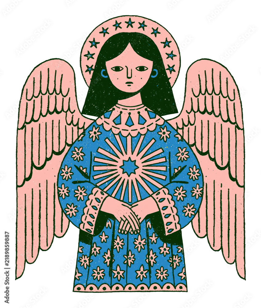 Fototapeta premium Illustrated angel with wings, blue and pink attire, PNG, transparent background.