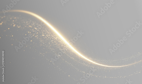 Magical golden trails with shimmering dust particles, glowing lines, and sparkling flashes. A light line with highlights, sparkling effects, and swirls for a festive design.