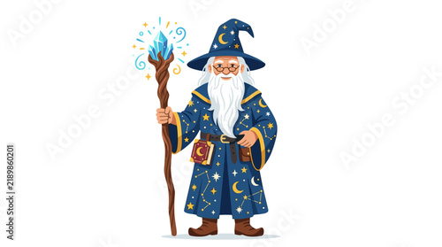 Obraz na płótnie Wise old wizard with long white beard, holding crystal staff, wearing starry rob