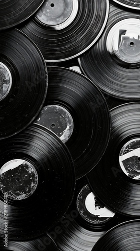 High contrast black and white background with a dense pile of overlapping vintage vinyl records showcasing glossy grooves and circular highlights