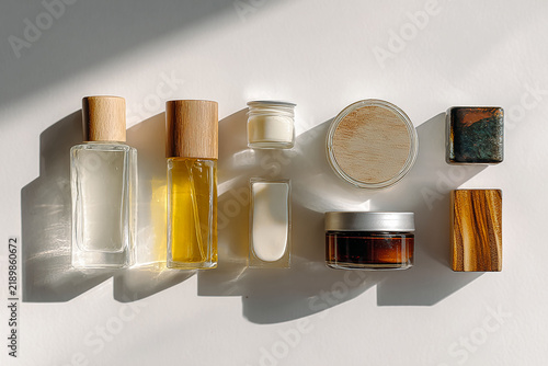 Collection of Organized Beauty Products Bottles and Jars Isolated on White Background
