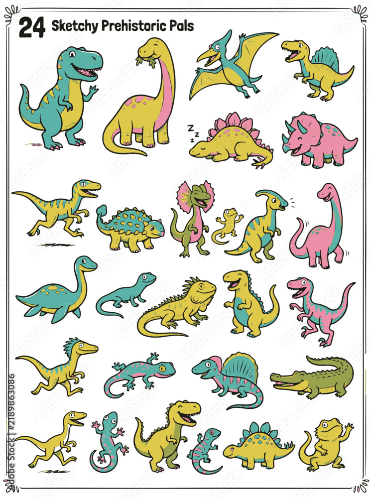 Obraz premium Cute Cartoon Dinosaurs and Prehistoric Creatures in Various Poses and Colors