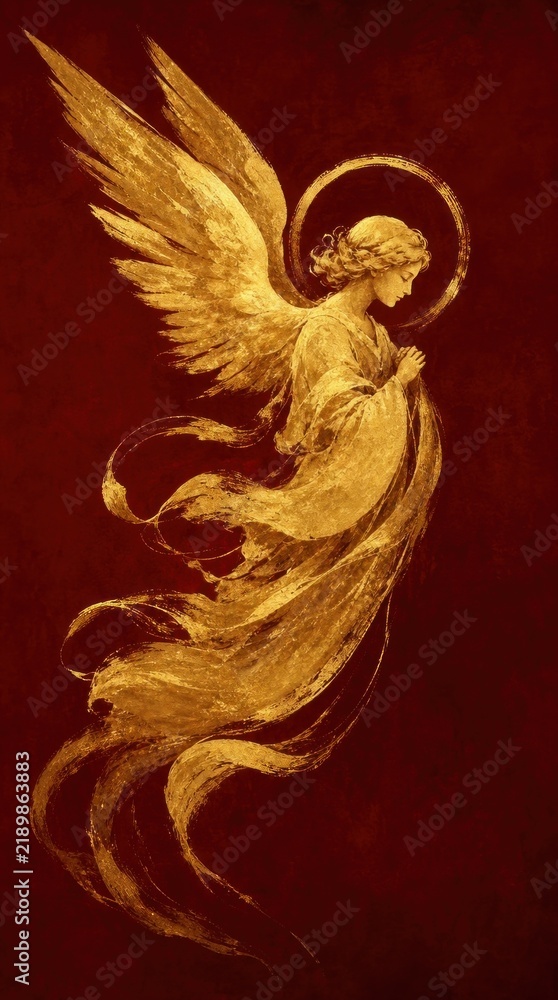 Fototapeta premium Golden angel wallpaper with ethereal wings on deep red background for mobile phone