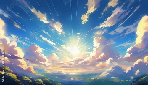 Scenic Sky Filled With Fluffy Clouds And A Shining Sun Bright Sunny Anime Background