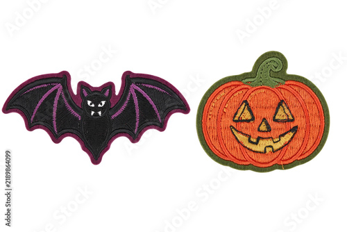 Embroidered Halloween Bat and Pumpkin Cloth Patches Set Isolated on transparent background