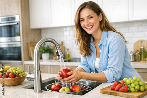 Woman washing fruits in a kitchen