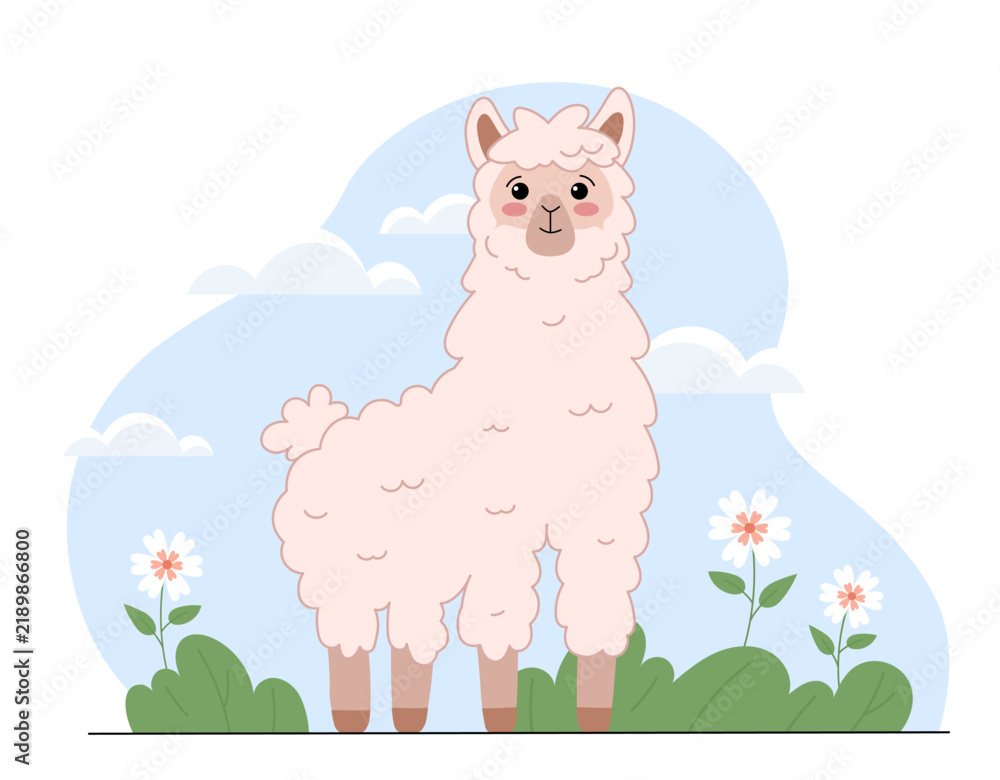 Fototapeta premium Cute fluffy alpaca standing in a meadow with flowers, green plants, clouds and pastel blue background, adorable animal character, vector illustration