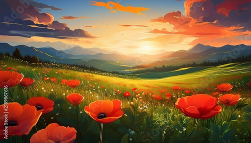 Wild Poppy Flowers Bloom In Green Meadow Under Warm Glowing Sunset With Distant Hills And Soft Clouds Creating Peaceful Scene