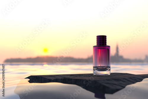 3D Perfume bottle MOCKUP showcase stand on podium in water view 3d rendering mockup