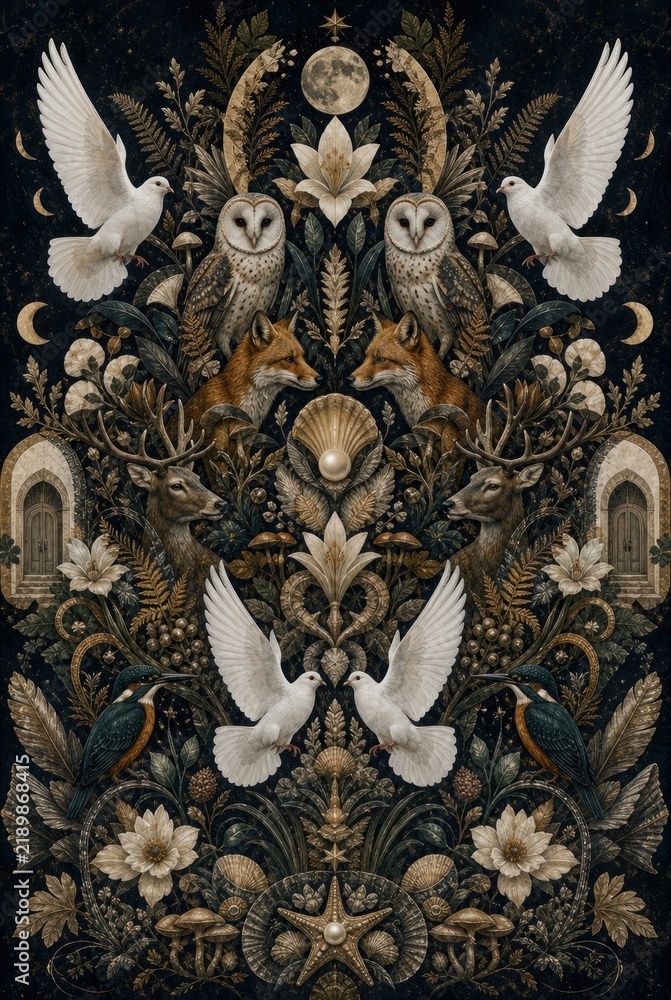 Fototapeta premium Mystical symmetrical woodland collage with owls, deer, foxes, doves, and moon