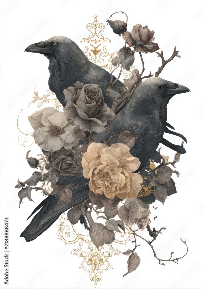 Obraz premium Transparent gothic collage of ravens with vintage flowers