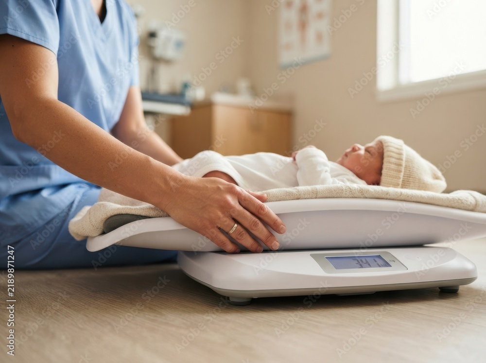 Fototapeta premium Nurse weighing newborn baby boy on digital scale in a pediatrician clinic pediatric healthcare