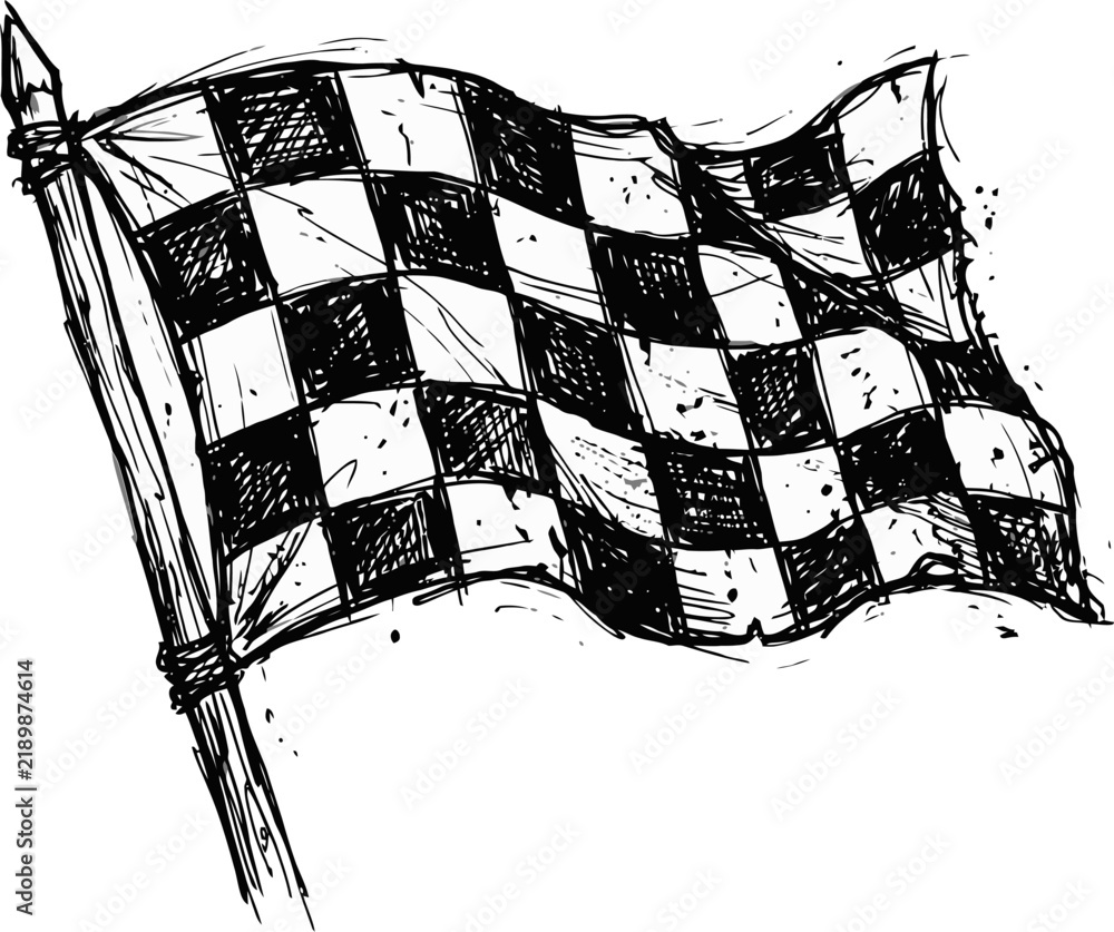 Obraz premium Checkered flag hand drawn sketch. Waving racing flag with checkered pattern on wooden pole. Grunge ink drawing vector illustration for motorsport, start, finish line, and speed concepts.