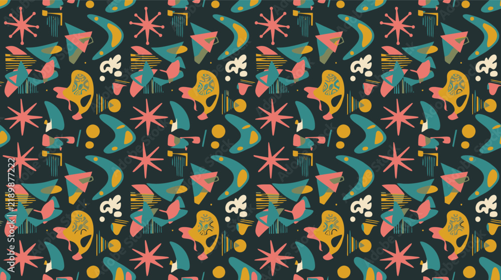 Fototapeta premium Retro mid-century modern seamless pattern vector. Features vintage boomerang shapes, abstract starbursts, and atomic age geometric motifs. Ideal for textile print, wrapping paper, and nostalgic