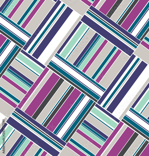 Geometric seamless pattern with diagonal intersecting blocks of linear stripes in purple mint green and navy blue