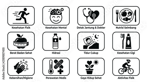 Healthy lifestyle icons with Indonesian text descriptions.