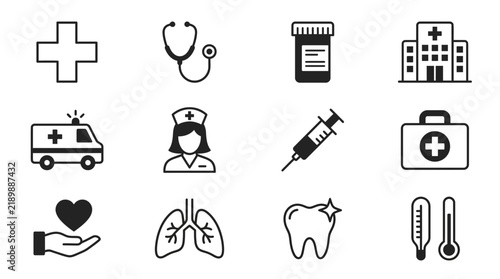 Hospital medical and healthcare equipment black icon set