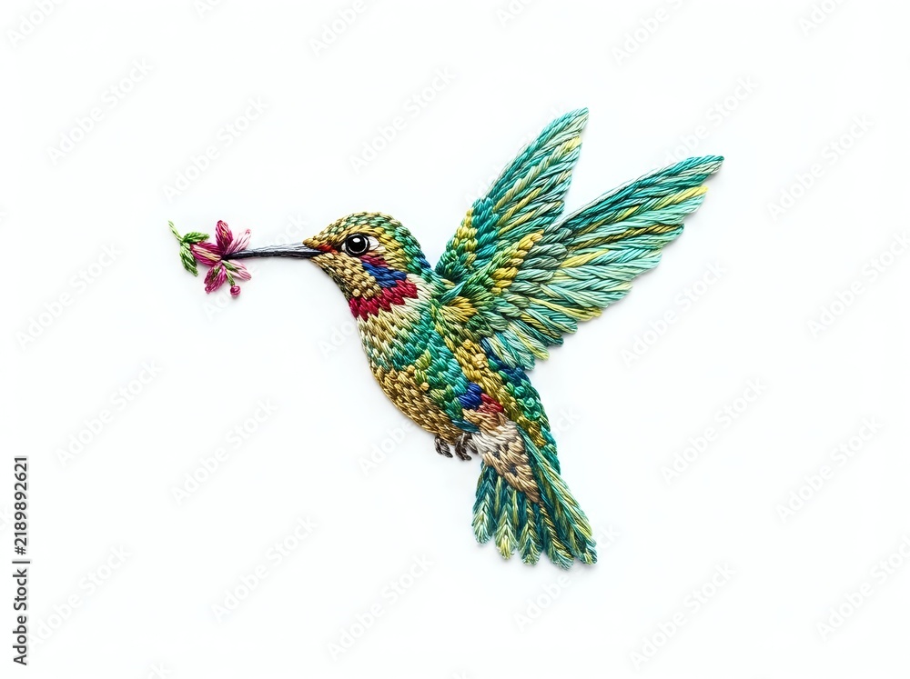 Fototapeta premium Hummingbird with iridescent plumage in turquoise, gold, and emerald tones carrying a small pink flower in its beak against white background