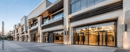 Completed shopping center facade with fresh cladding clean glass fronts and spotless pedestrian zone exterior