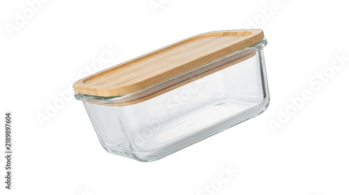 Glass food container with a bamboo lid for storing food and leftovers on a transparent background.