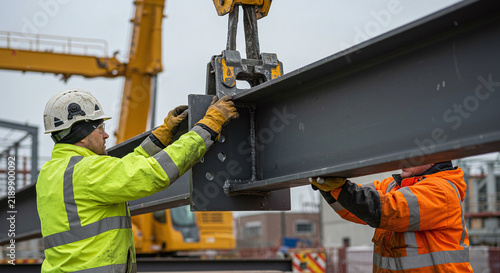 Construction workers guiding a steel beam being lowered by a crane at a job site.Concept of heavy construction and structural engineering.
