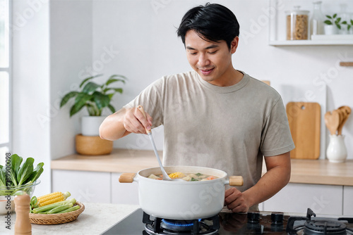 Smiling young Asian man cooking hot soup in pot on stove